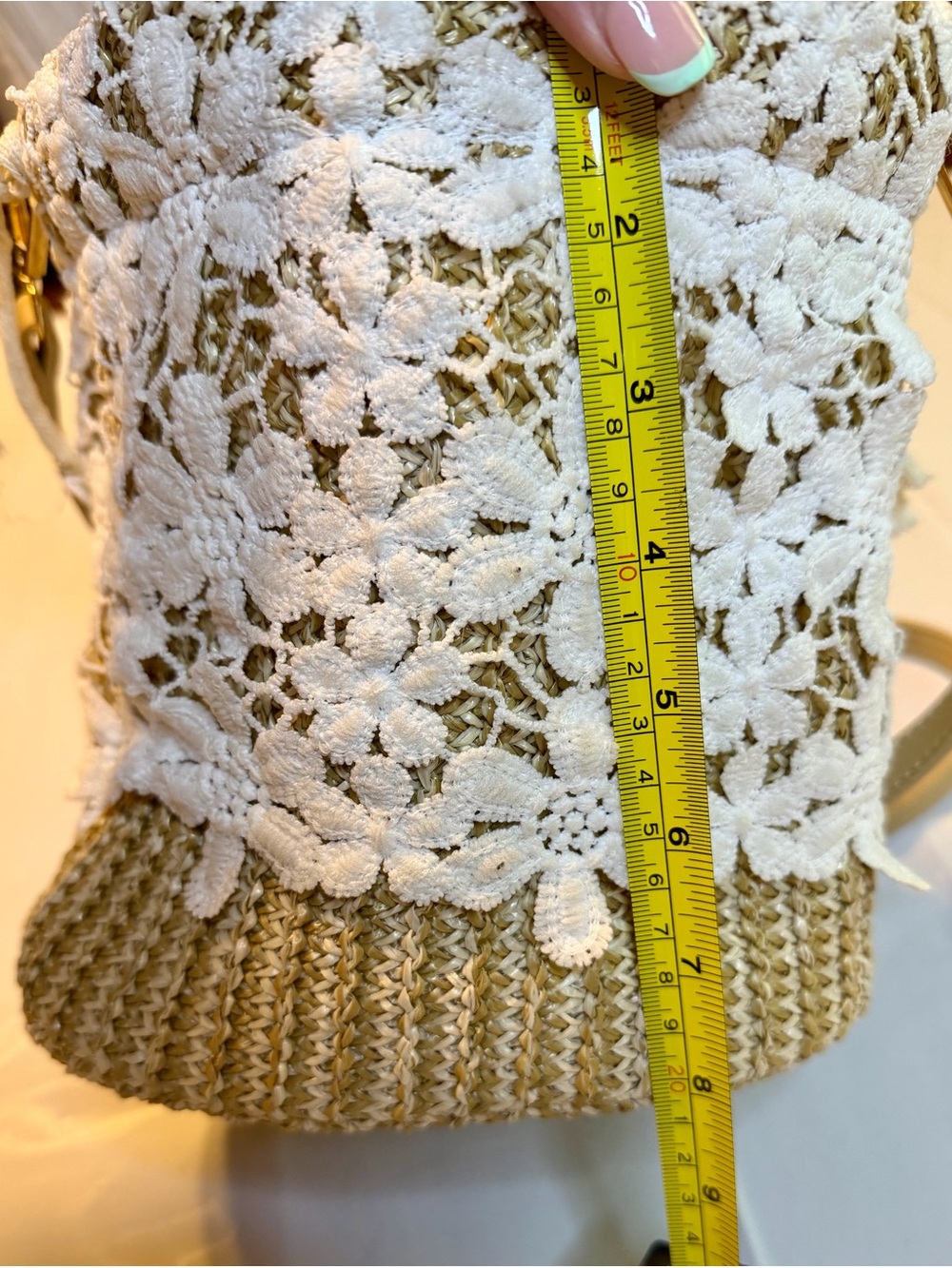 White Crochet Lace Straw Crossbody Bag with Tan Strap - Picture 8 of 8